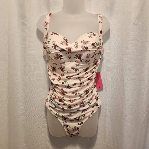 Betsey Johnson Barely There Rose Floral Print One-Piece Swimsuit Size XL Summer - Picture 2 of 7